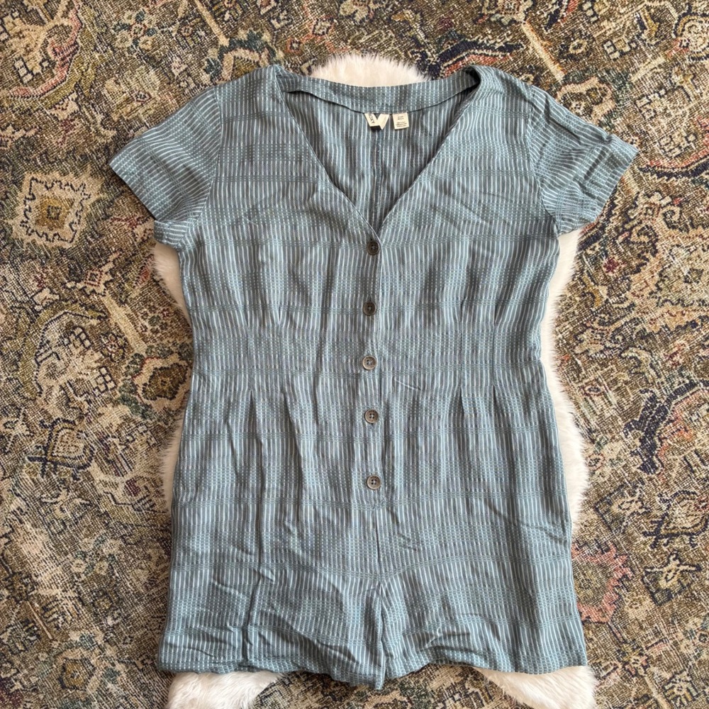 Roxy Womens Blue Striped Button Front Romper V-Neck Short Sleeve XL RN114199